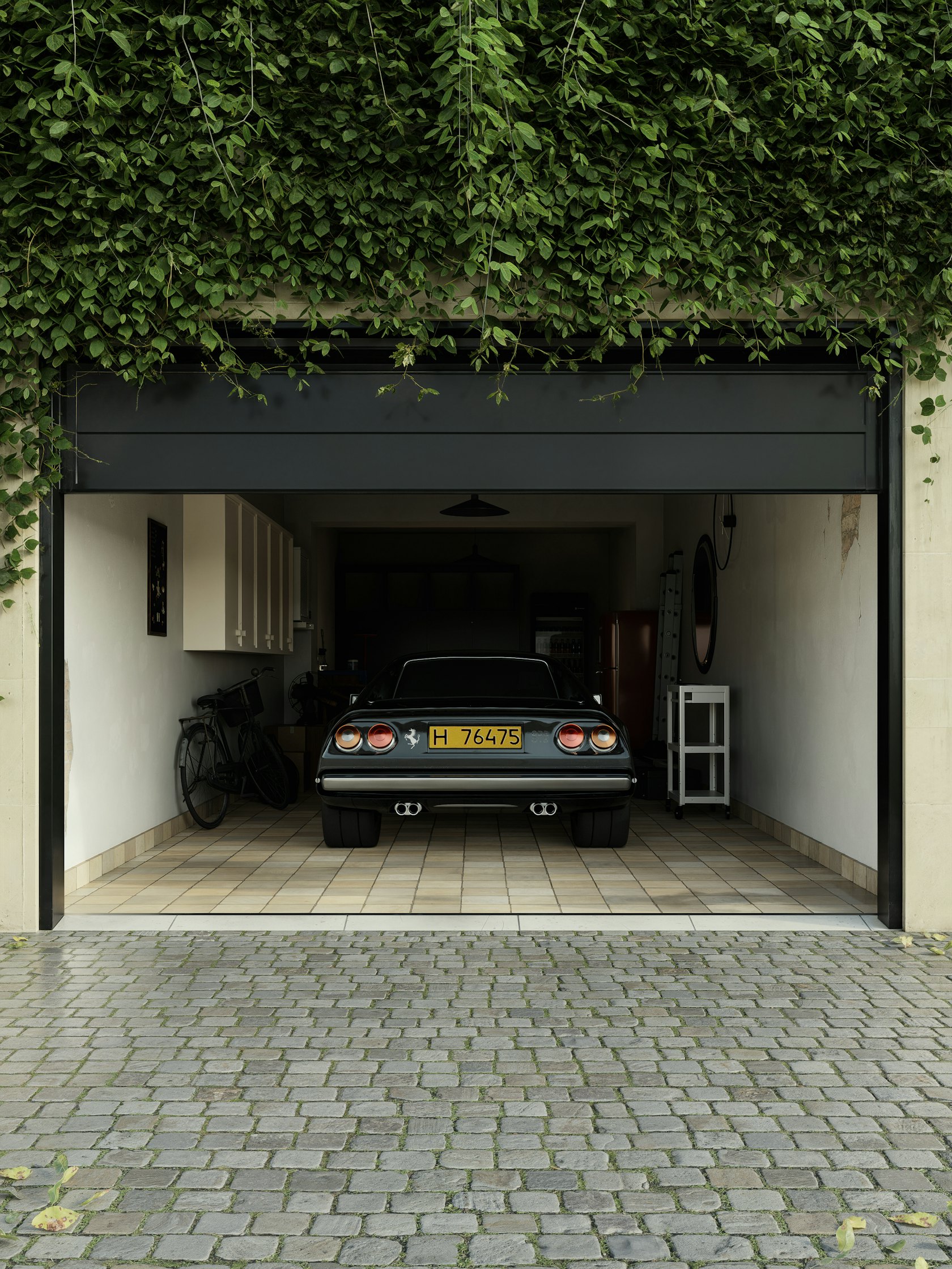 Garage ouvert avec une voiture ancienne
