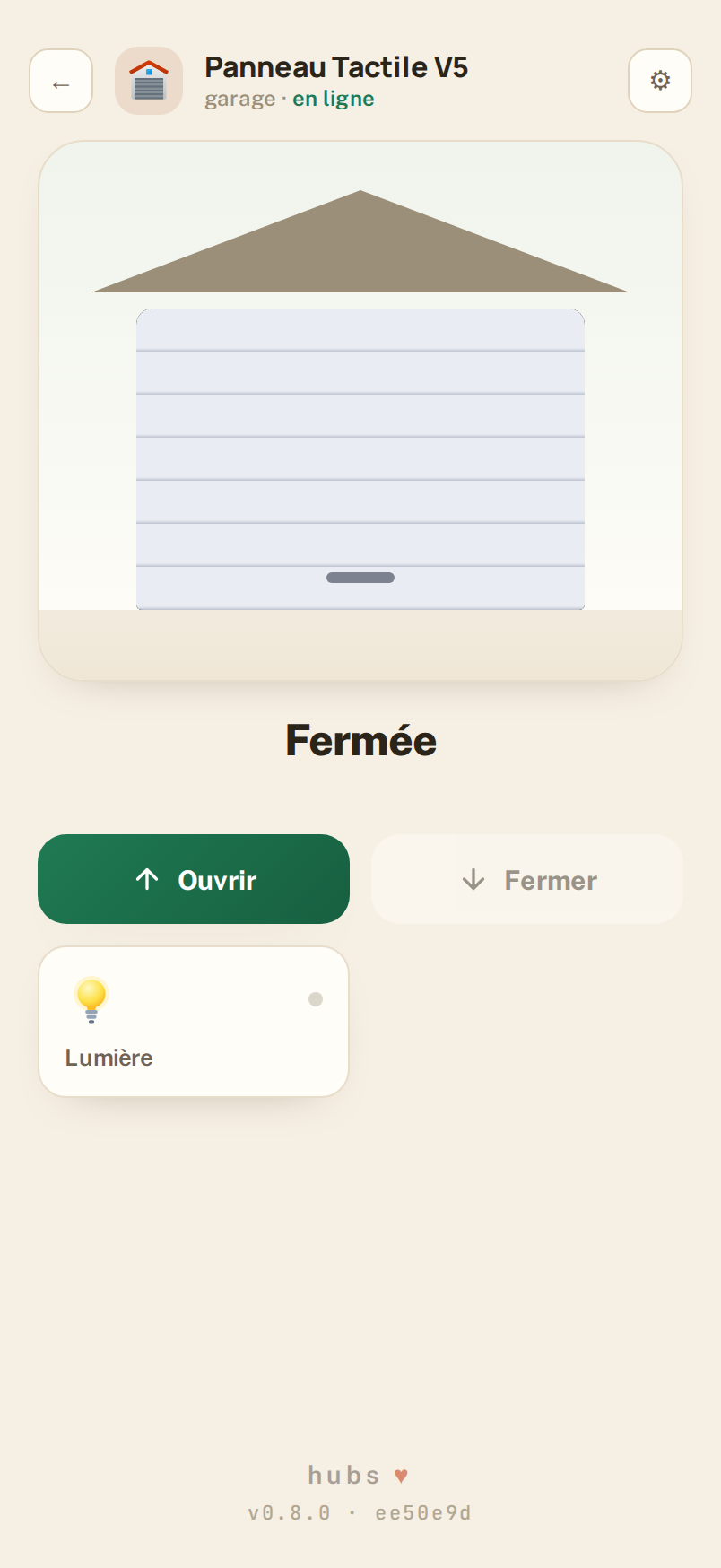 Écran garage de l'application Hubs