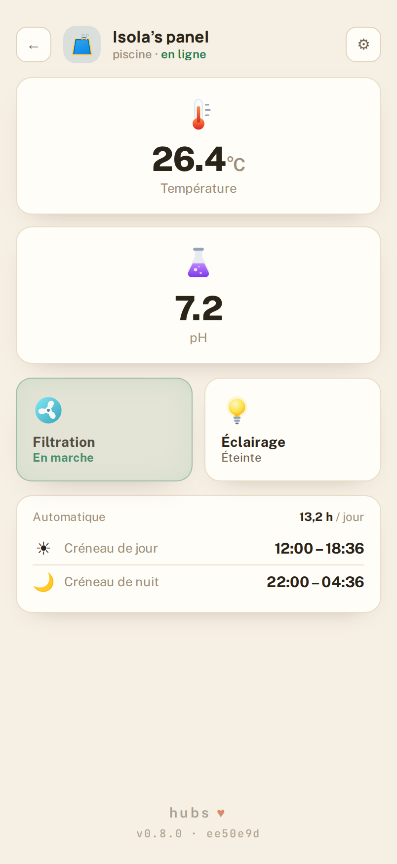 L'app Hubs sur téléphone — écran piscine