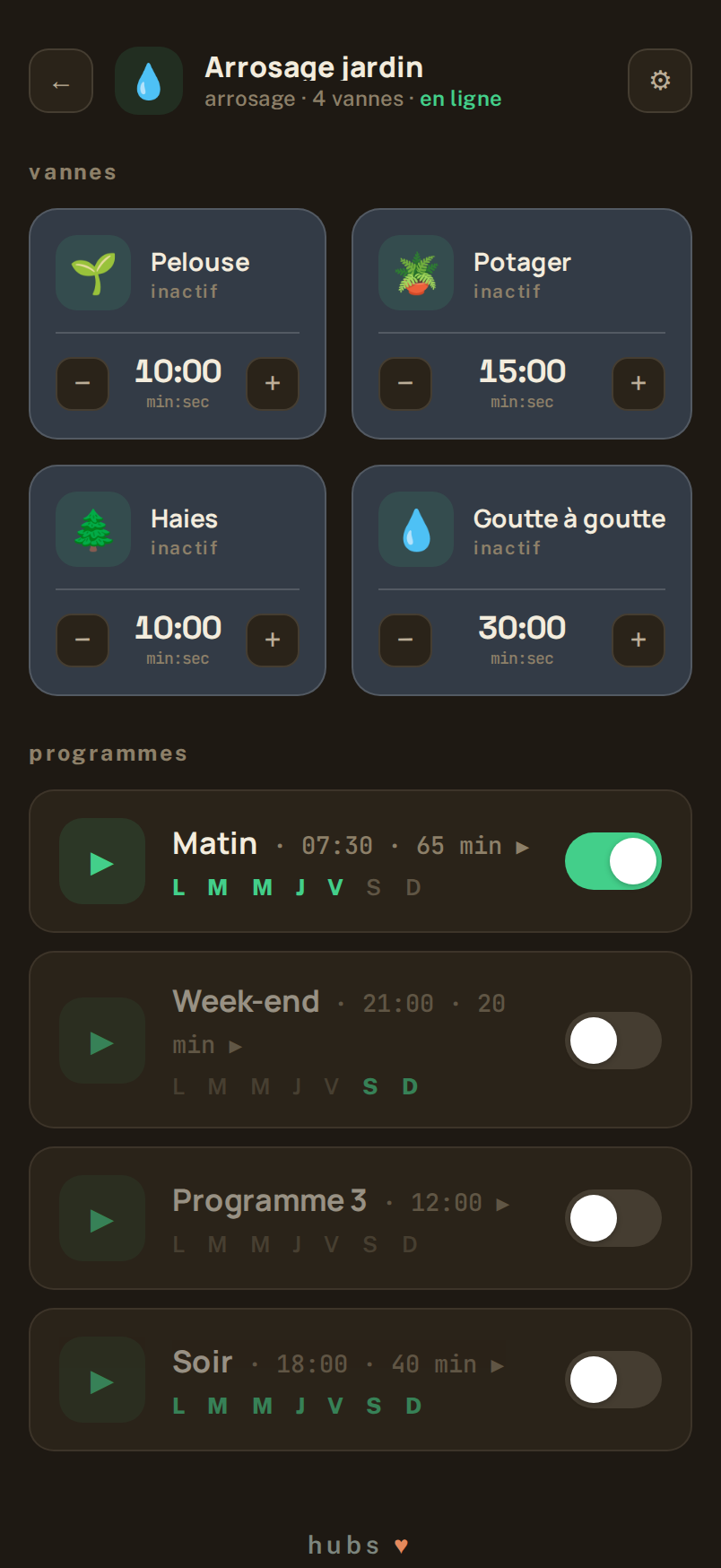 Écran arrosage de l'application Hubs — thème sombre