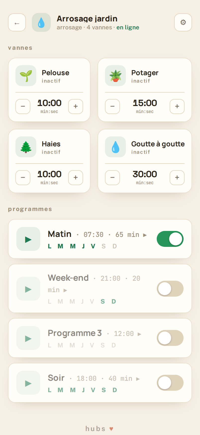 Écran arrosage de l'application Hubs